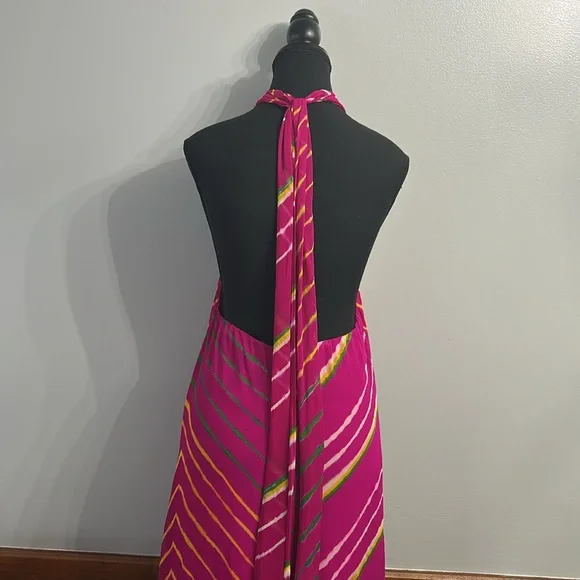 Polo Ralph Lauren Shibori Pink 100% Silk halter asymmetrical midi dress SZ 14 - Picture 6 of 12